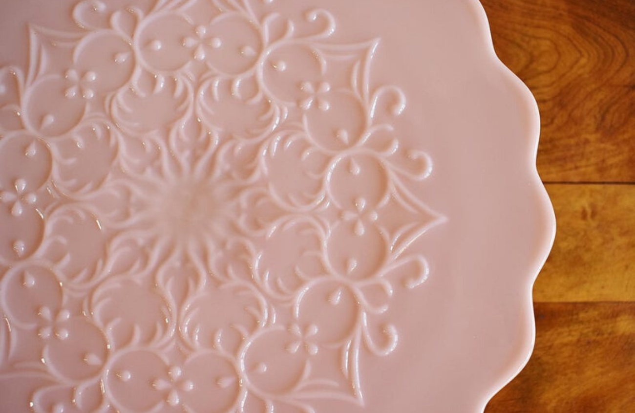 1950's Fenton Spanish Lace Blush Pink Milk Glass Cake Stand