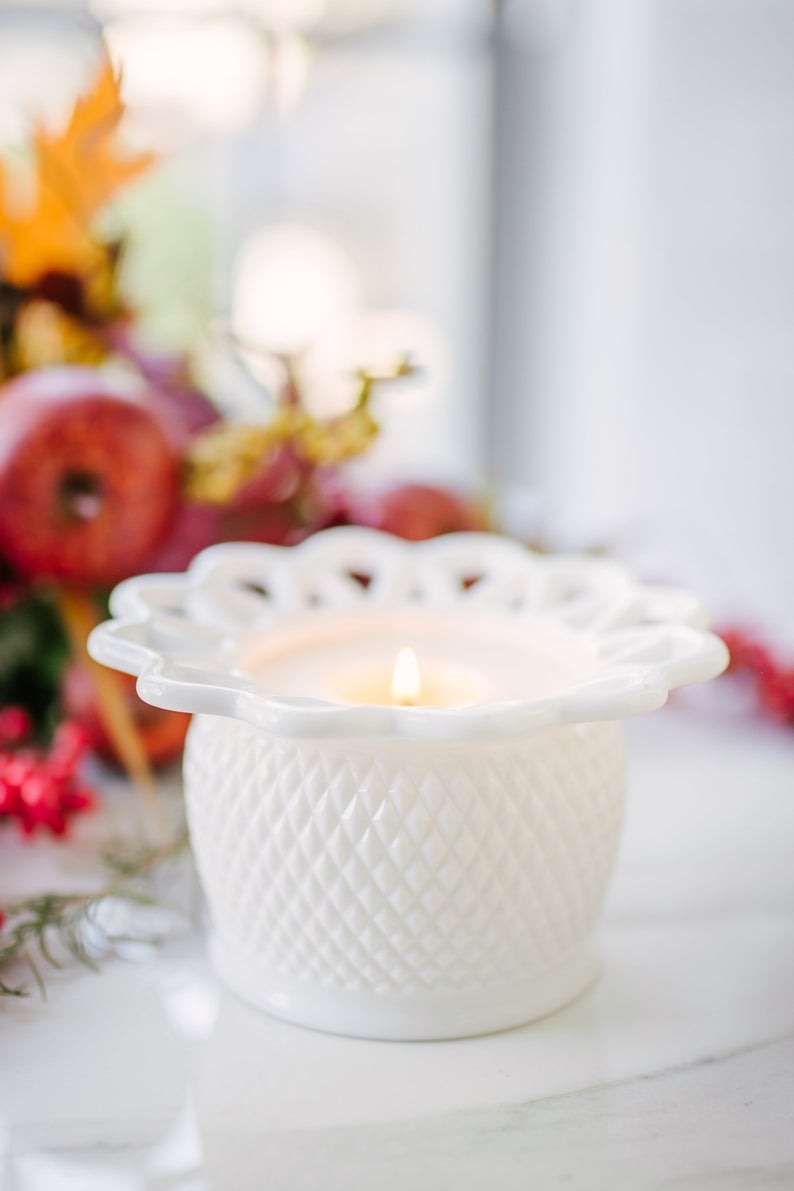 lit Soy Candle in Vintage white Milk Glass Vase 