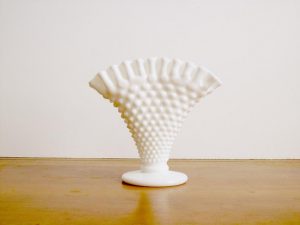 Fenton Milk Glass Ruffled Hobnail Fan Vase