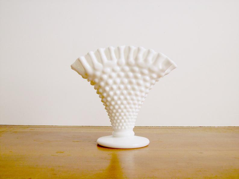 Fenton Milk Glass Ruffled Hobnail Fan Vase