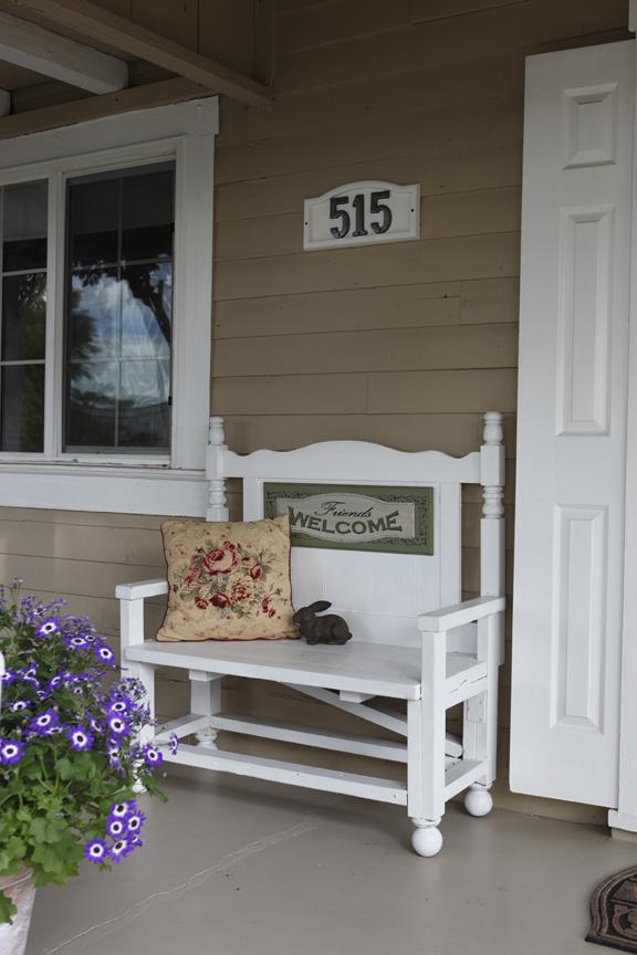 bright bench and vibrant flowers