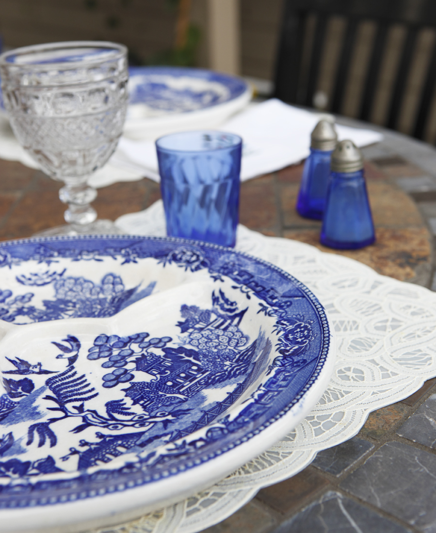 Blue and white china and crystal glasses