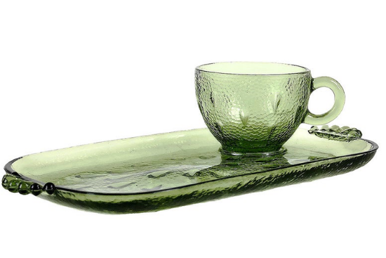 Green Glass Cup and Rectangle Plate, Hazel Atlas Pebbletone Snack Set 1956