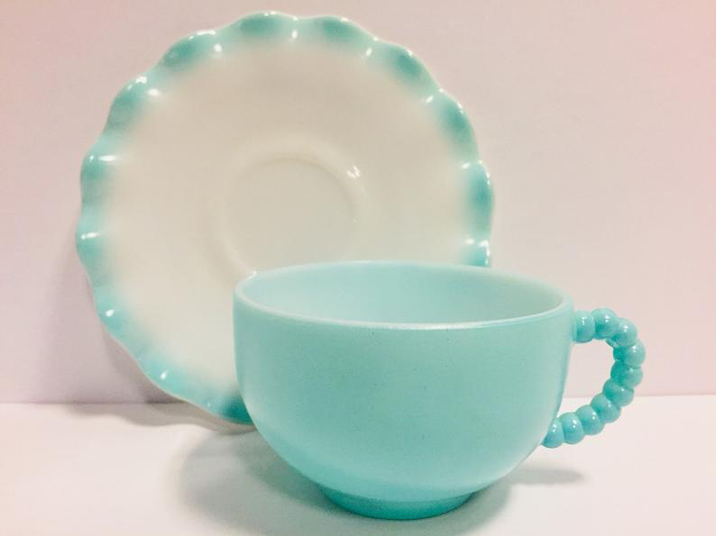 Vintage Hazel Atlas Turquoise Crinoline Cup and Saucer