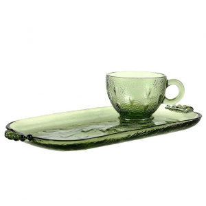 Green Glass Cup and Rectangle Plate, Hazel Atlas Pebbletone Snack Set 1956