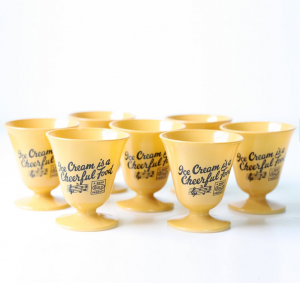 Vintage Ice Cream Cups that say "Ice Cream is a Cheerful Food" Milk Glass Hazel Atlas Guild Product in a set of 7