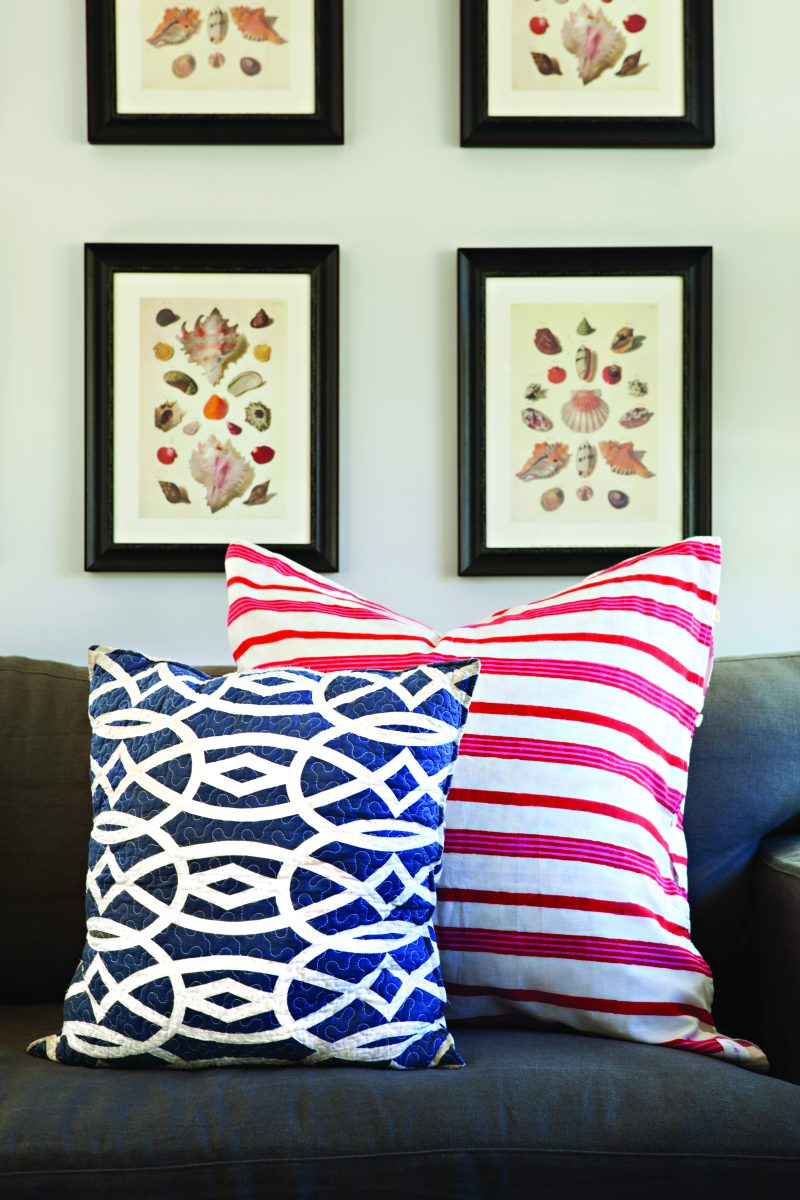 Red and blue patterned throw pillows for patriotic Fourth of July decor