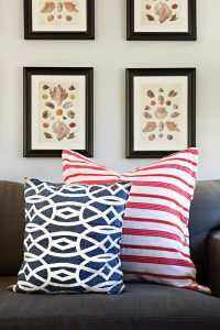 ed and blue patterned throw pillows for patriotic Fourth of July decor