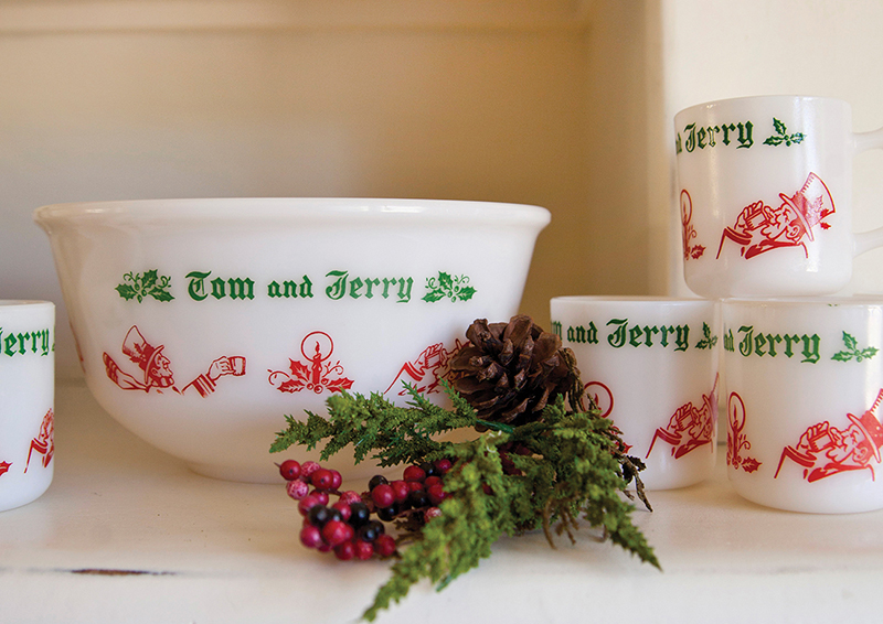 Vintage Tom and Jerry bowl and drink ware sets decorated with red and green.