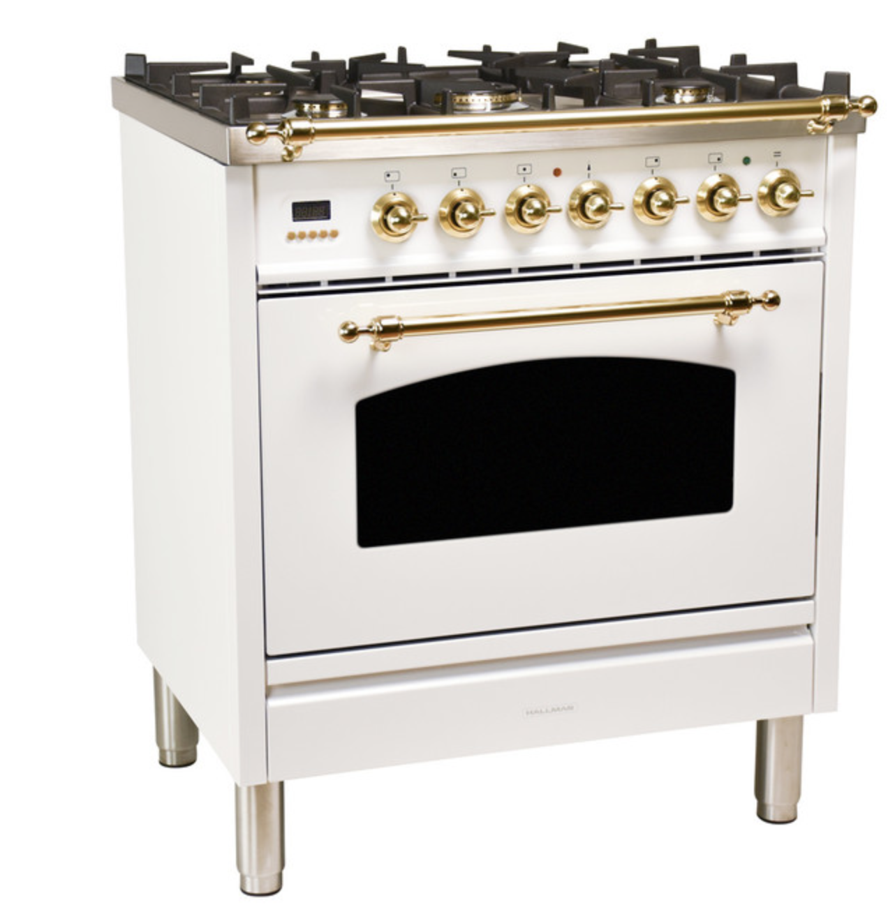 Euro-style oven and range in white with gold hardware