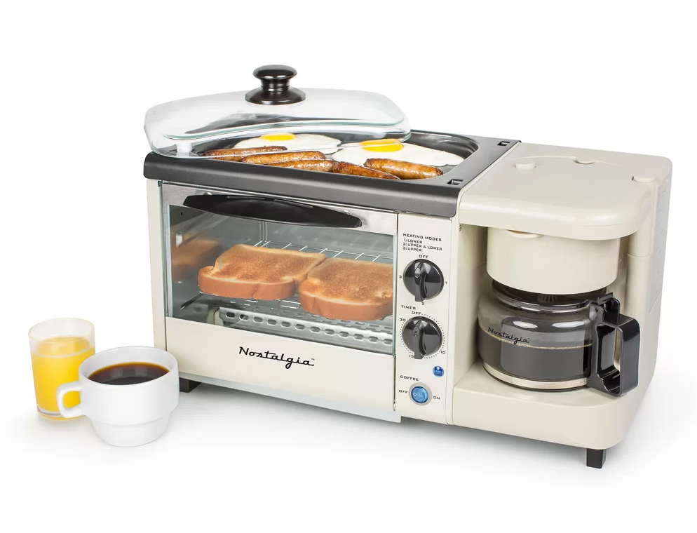 Nostalgia breakfast station with toaster oven, griddle and coffee pot. 