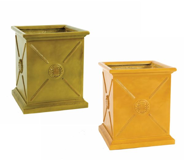 blue and mustard square european-style planters with a medallion detail in the center of each side. 