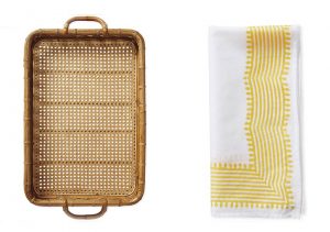 rattan tray and yellow and white linen napkin -- update your spring patio