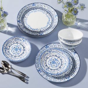 blue and white circular provence inspired melamine dinner set for outdoor use