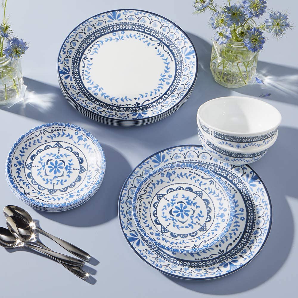 blue and white circular provence inspired melamine dinner set for outdoor use are summer bbq necessities