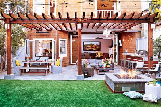 wide view of a finished and renovated backyard