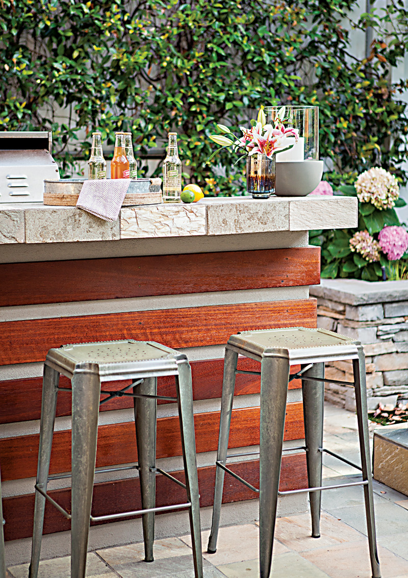 Patio bar with wood beams and large tile countertop