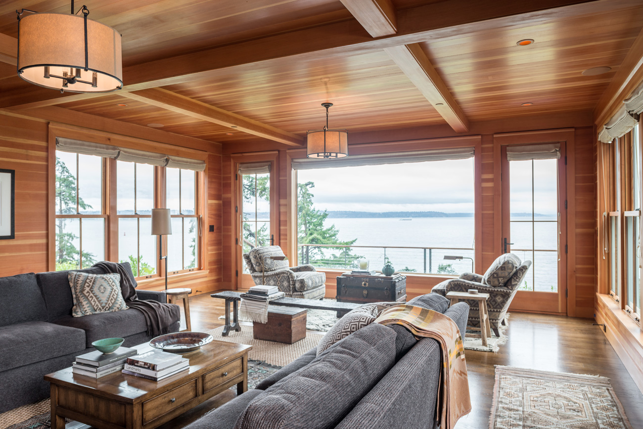 Wide open great room with large window in Bainbridge Island cottage