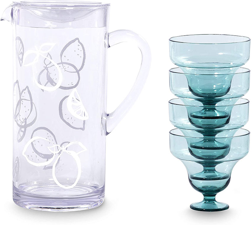 kate spade pitcher set with white lemon design on the pitcher and smokey aqua colored footed glasses