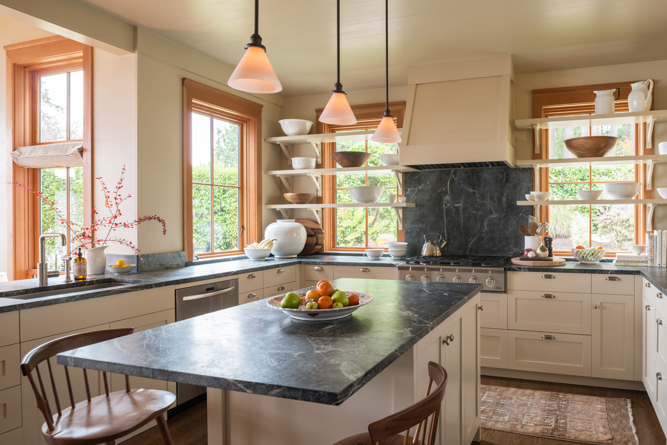 Gray granite countertops in Bainbridge Island cottage