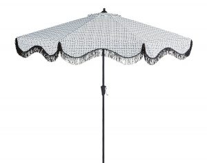 patio umbrella with scalloped fringe trim. The pattern is white with small irregular black dots.