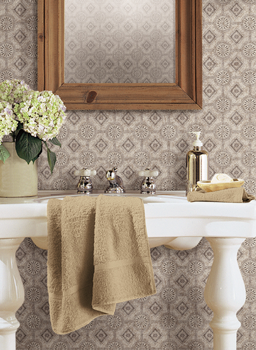 Punched tin style bathroom wallpaper