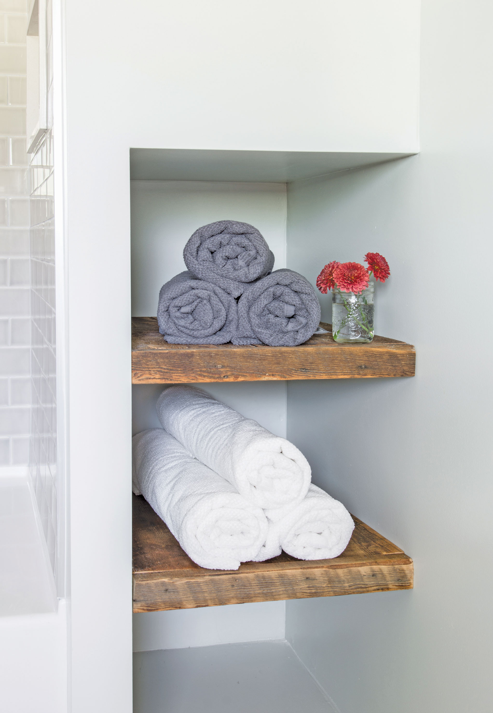 Wooden rustic bathroom shelves