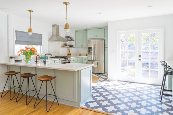 Small Los Angeles kitchen with bright accents