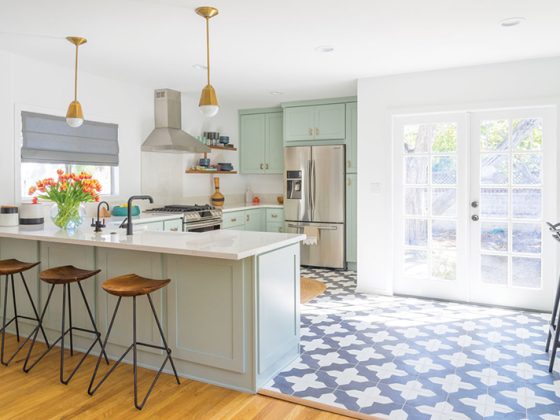 Small Los Angeles kitchen with bright accents