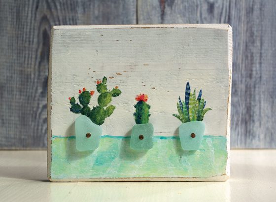 Small cute sea glass and cactus painting