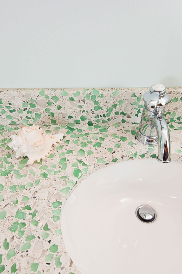 seaglass countertops on bathroom vanity in seaside makeover