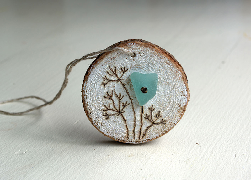 Small Wood and sea glass handmade ornament