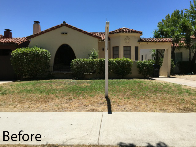 spanish bungalow exterior before photo, view from the curb