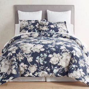 navy blue bedding set for a summer linen option with big gray roses on the pattern
