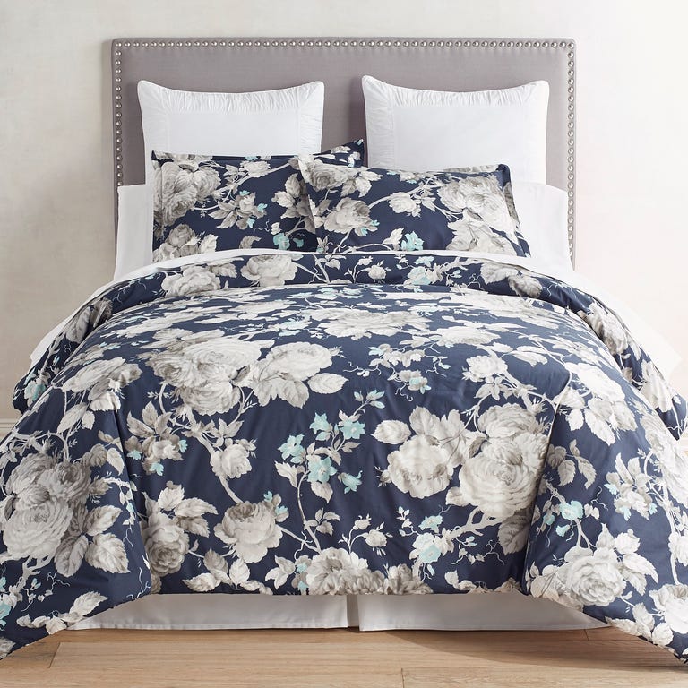 navy blue bedding set for a summer linen option with big gray roses on the pattern