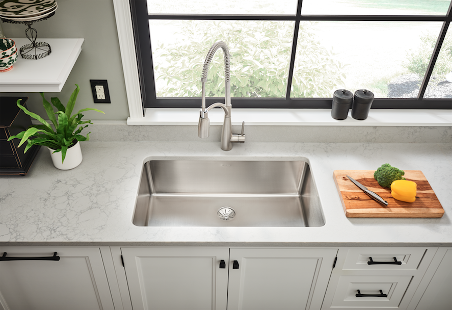 The Elkay Iconix Stainless Steel Sink with Perfect Drain has a clean and modern look, with a scratch-resistant finish and edgeless drain design. 