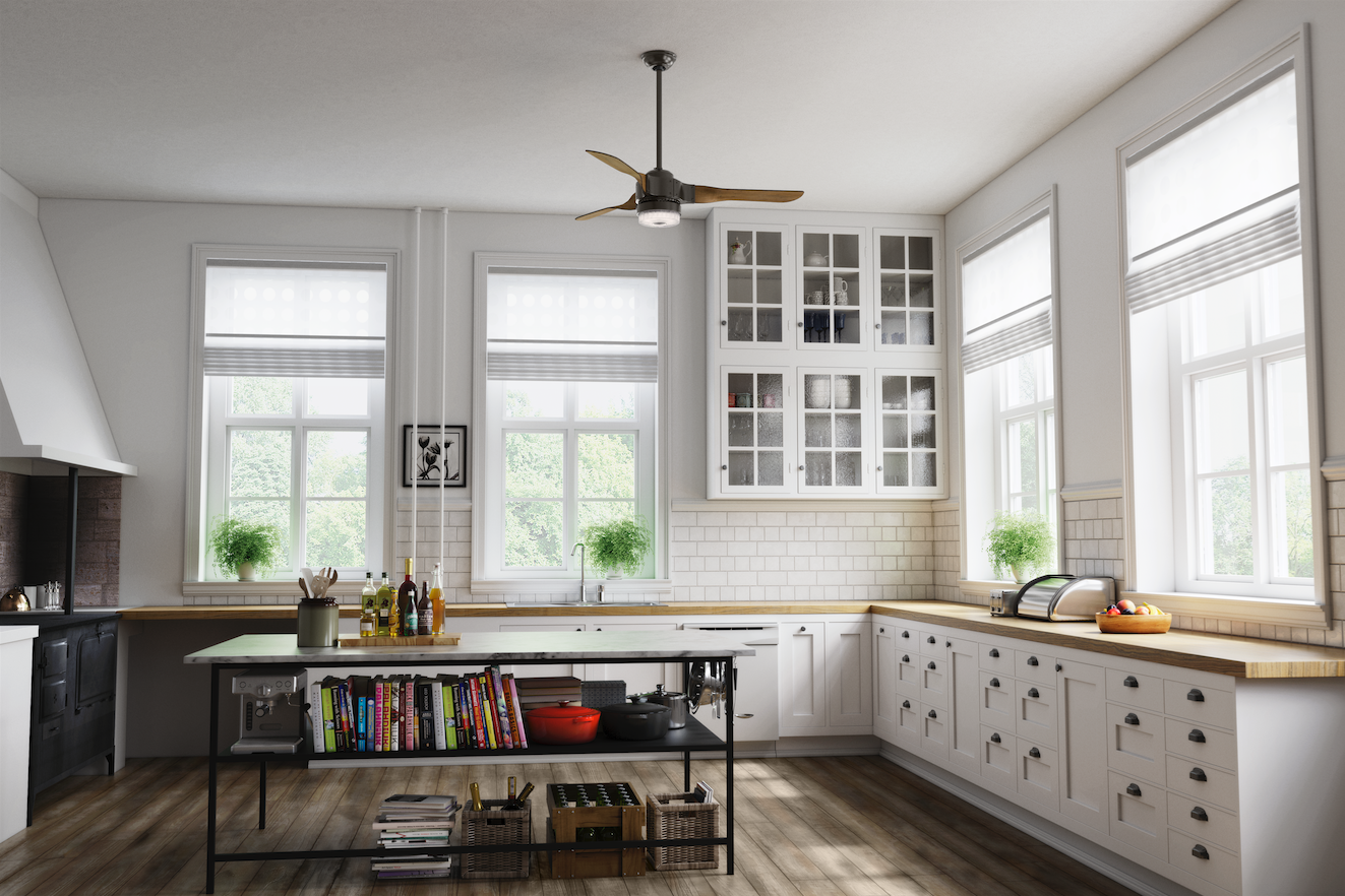 Large Apache smart fan with LED light by Hunter Fan, shown here in a kitchen.