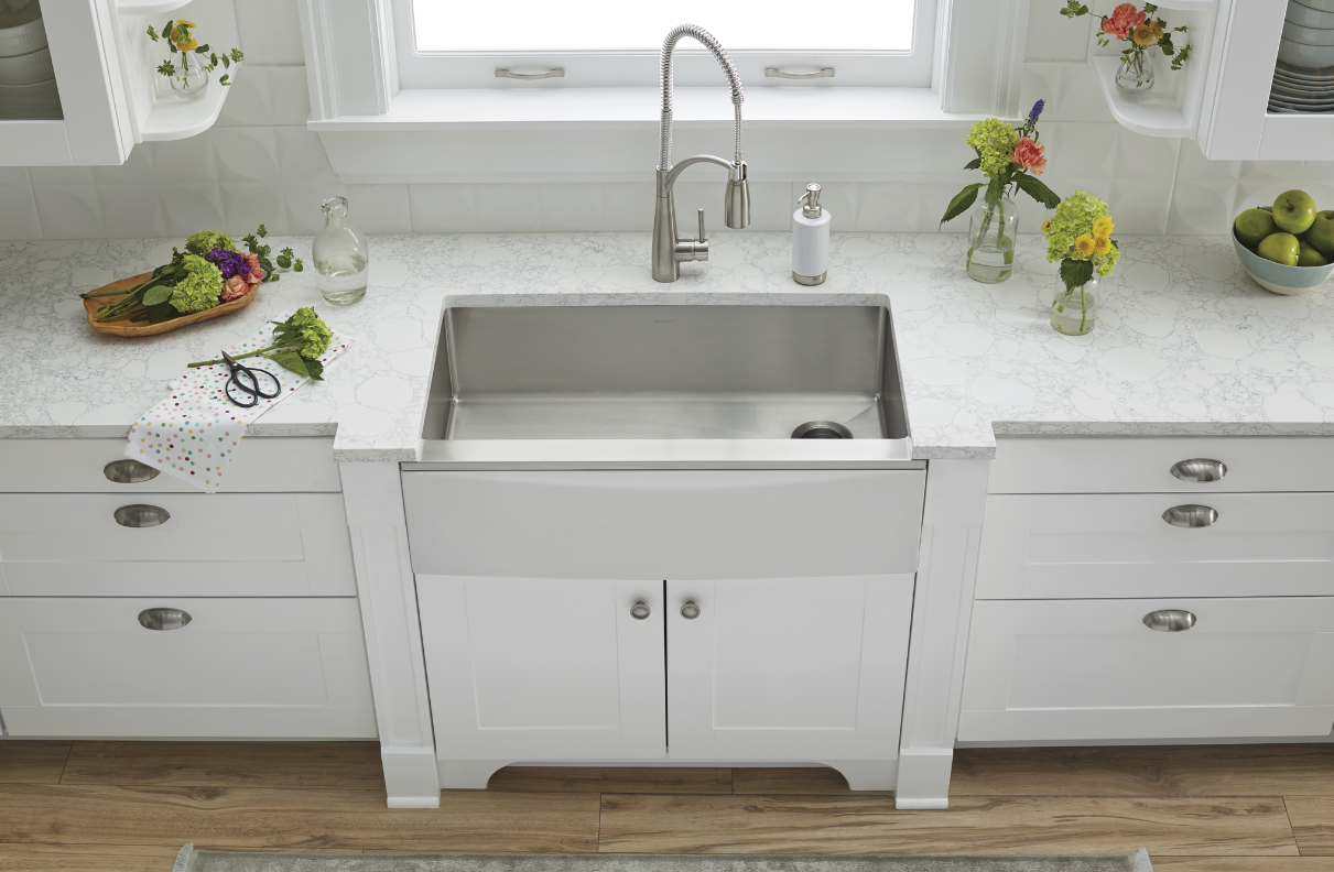 The Elkay® Crosstown® Stainless Steel Farmhouse Sink with Interchangeable Apron. The apron switches out in minutes and is available in seven colors and materials. 