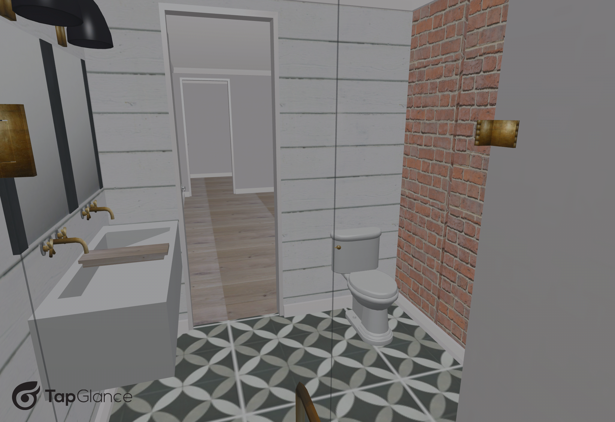 Here’s an overall of the new bathroom complete with shiplap and brick for the walls and patterned tile for the floors.