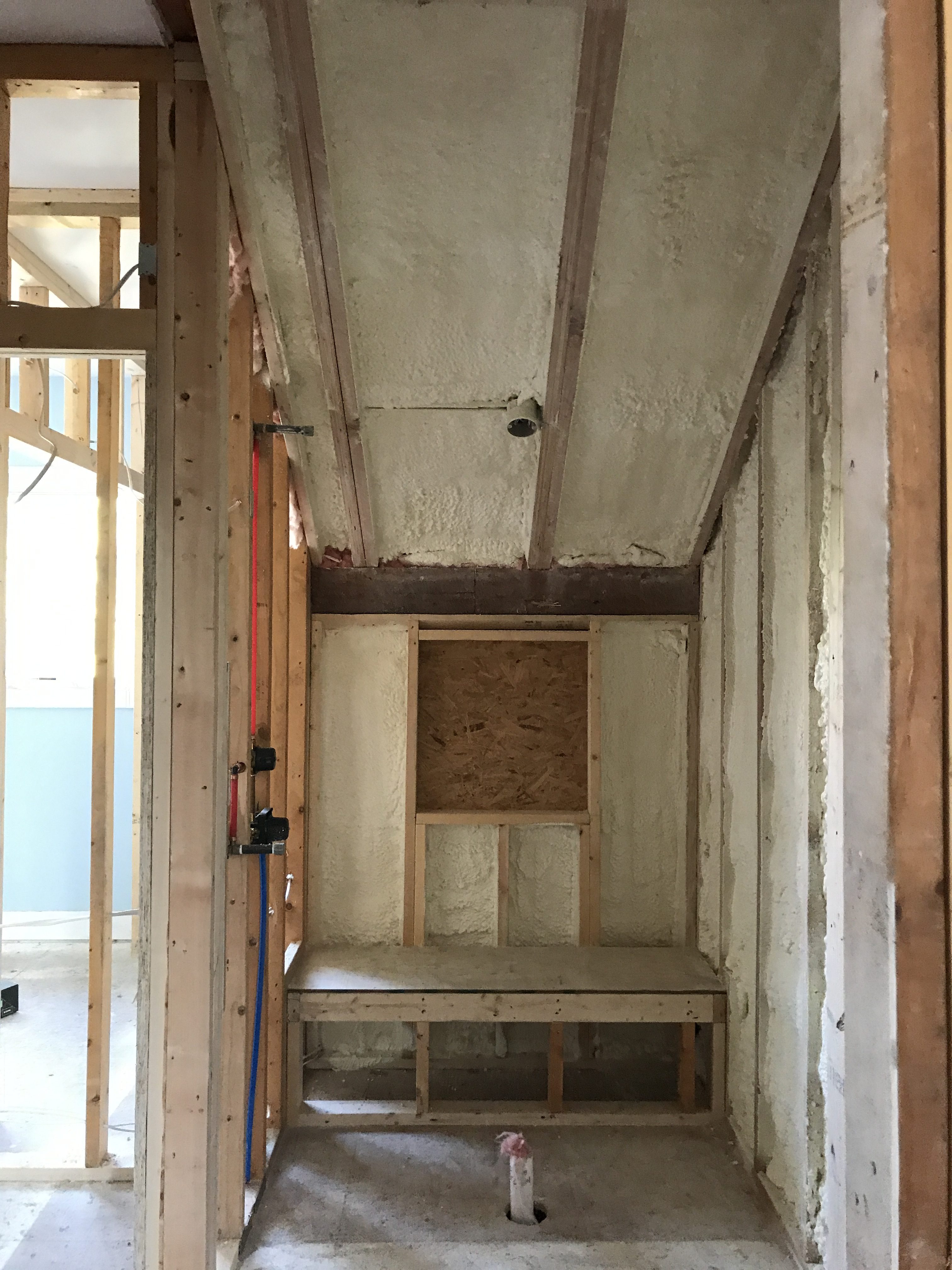 The framing going in for the walk-in shower!