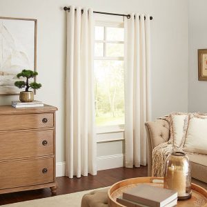 cream chambray curtains in a neutral colored living room
