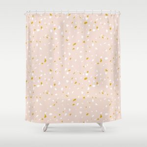 pink terrazzo inspired shower curtain with white and orange flecks