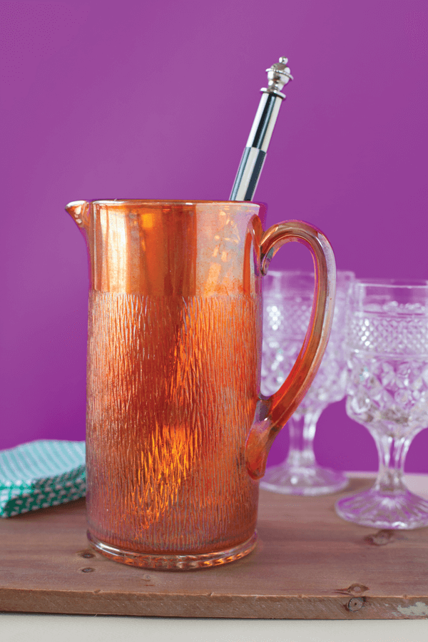 This “Tree Bark” pitcher was originally produced by Jeannette Glass Company in 1927 and would have been sold with a lid and matching glasses as a water set.