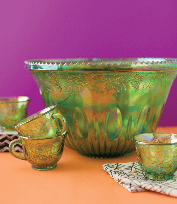 This is Indiana-green Carnival Glass Princess punch set is eye-catching with its high multihued luster.