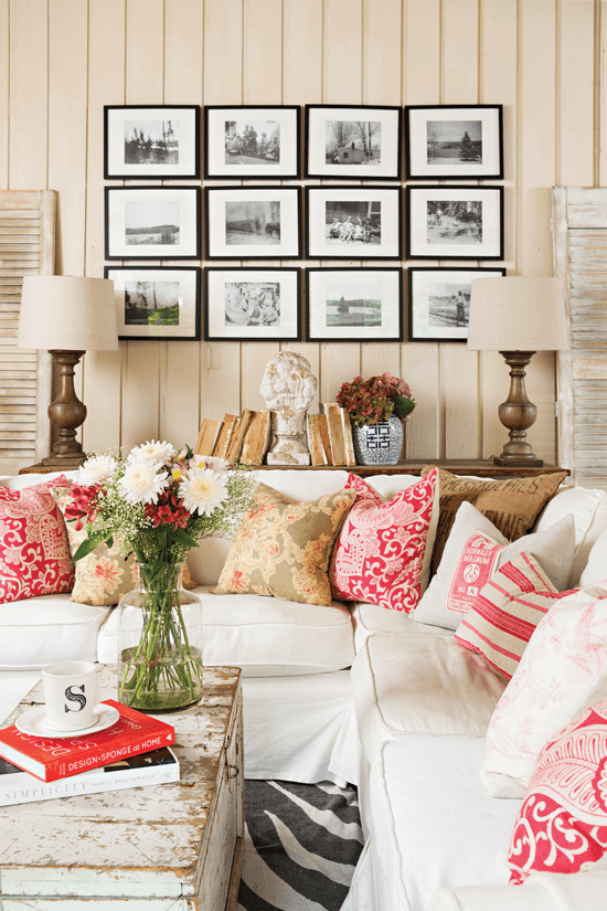 The original tongue-and-groove walls in the living room added texture. Since they form a classic backdrop for the room, Melaine can be more playful with other details, like mix-and-match pillow patterns and a quirky Zebra pattern rug.