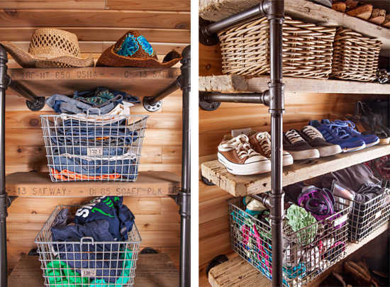 Inside the cedar-lined closet, metal pipe clothes rods give a rustic industrial sensibility.