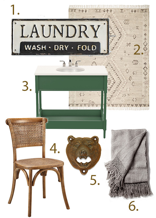 Old-school laundry sign (Gin Creek Kitchen), Skyline flatweave rug in heathered gray (Rejuvenation), Kensington small vanity in Peale Green (Oomph Home), Churchill dining chair (Rustic Trades Furniture), Rust-colored bear bottle opener (Stag Provisions), Awanay llama throw (Atacama Home).