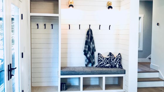 farmhouse entry closet turned mudroom