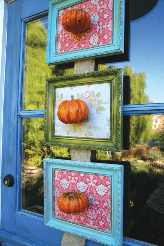 Think of unconventional ways to use conventional materials. Framed pumpkins make a kind of 3-D portrait.