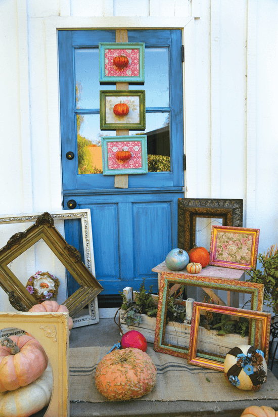 An assortment of colors, patterns and shapes shows off a vivacious personality. Layers of pumpkins and picture frames in varying sizes create dimension and depth.